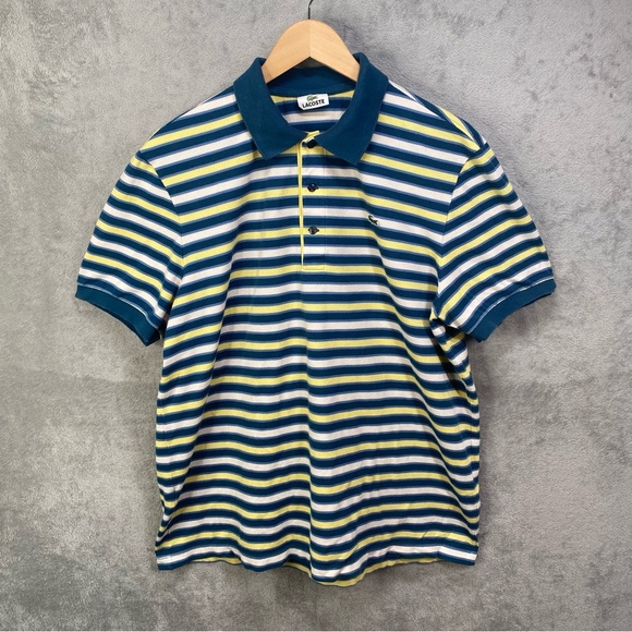 Vintage Y2k Lacoste Striped Polo Shirt Classic Fit Teal Yellow‎ Casual Preppy XL - Picture 2 of 13